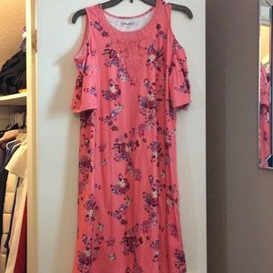 Coral floral open shoulder dress